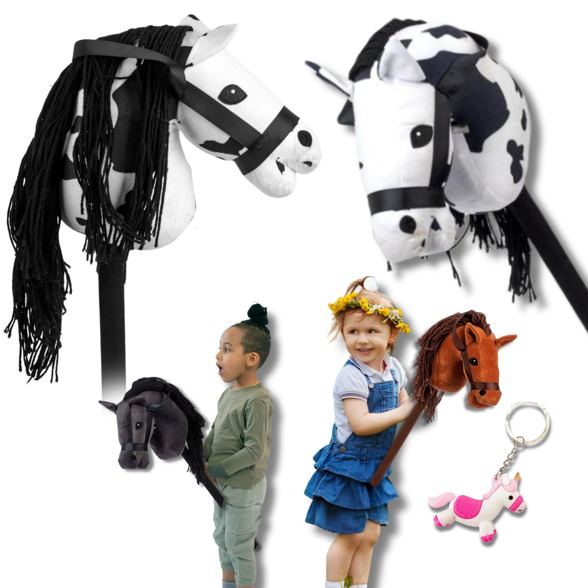 GŁOWA KONIA NA KIJU BEZ GRZYWY CZARNY/BRĄZ/BIAŁY ŁATY (MIX KOLORÓW) + BRELOK JEDNOROŻEC