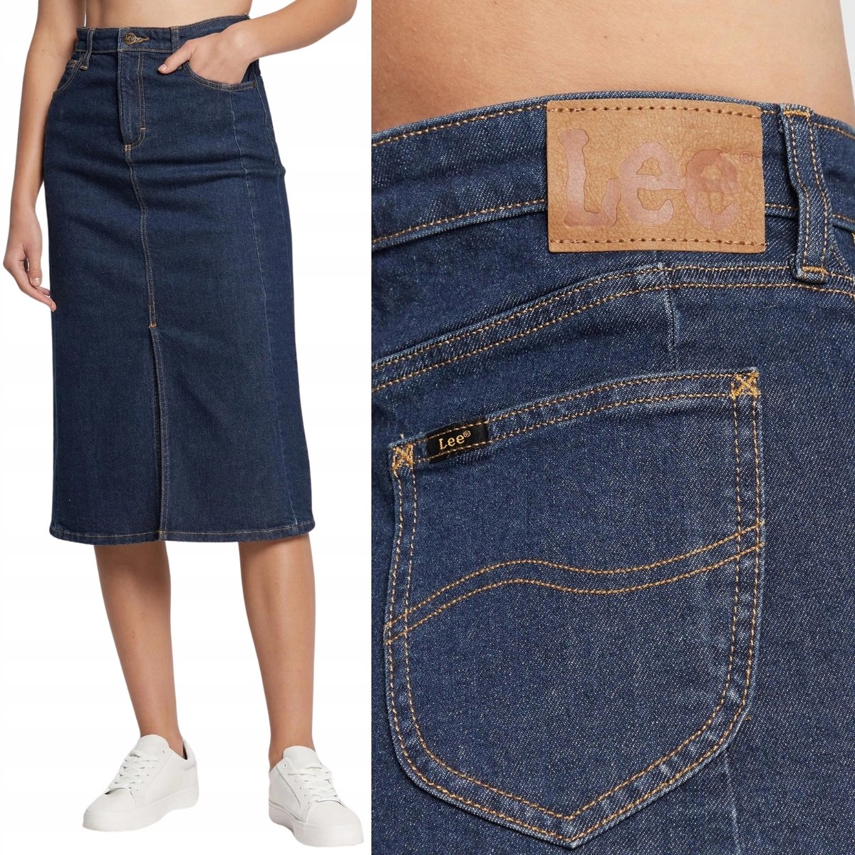 Lee MIDI SKIRT That's Right JEANSOWA SPÓDNICA ROZCIĘCIE Z PRZODU GRANAT W28