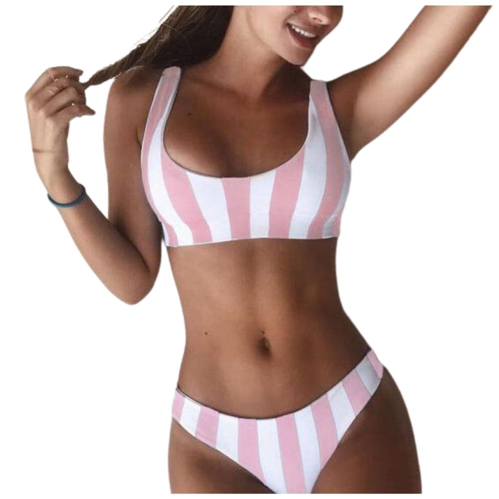 STRÓJ KĄPIELOWY W PASKI TOP BRZOSKWINIOWY SEXI KOSTIUM DWUCZĘŚCIOWY BIKINI S