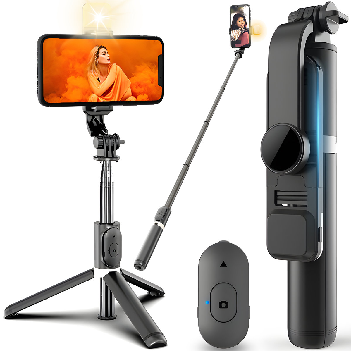 SELFIE STICK STATYW KIJEK DO TELEFONU Z PILOTEM + LAMPA LED BLUETOOTH TRIPOD