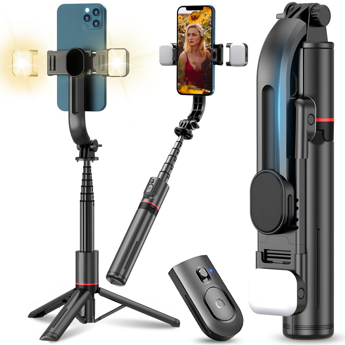 SELFIE STICK STATYW KIJEK DO TELEFONU Z PILOTEM + 2X LAMPA LED BLUETOOTH TRIPOD