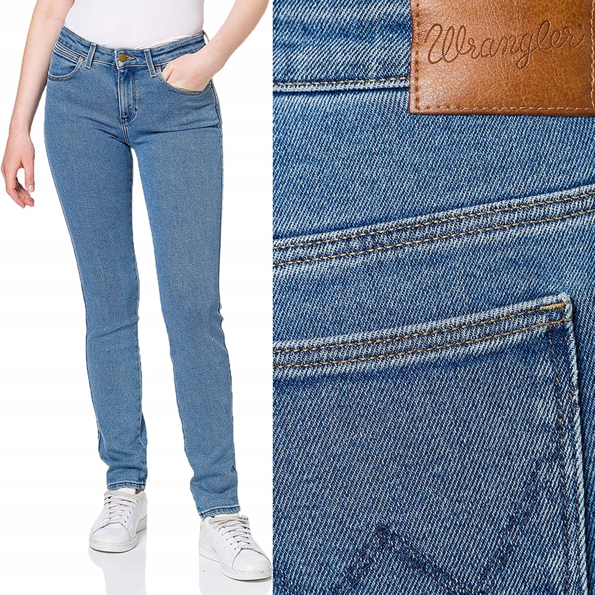 Wrangler SLIM Static Stone DOPASOWANE PROSTE WYSOKI STAN BLUE DżINS W30 L32