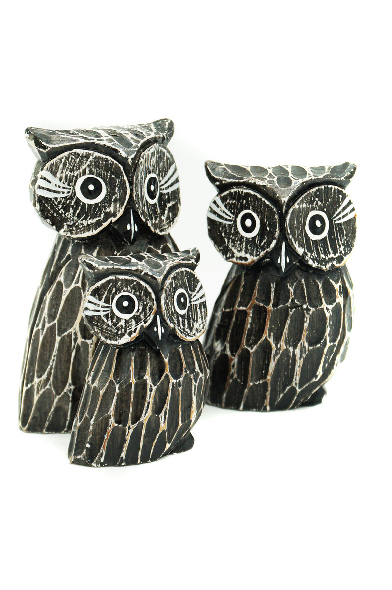 Sowa Drewniana Figurka Dekoracyjna Sówka Ozdoba Prezent Zestaw 3 Sztuk