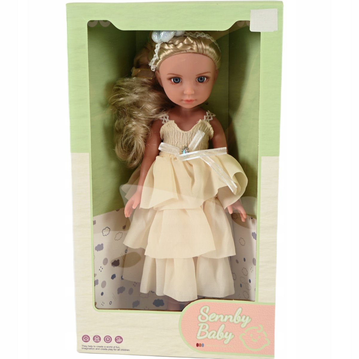 LALKA 34CM JAK ŻYWA REALISTYCZNA TWARZ DZIEWCZYNKA Z BLOND WŁOSAMI SUKIENKA