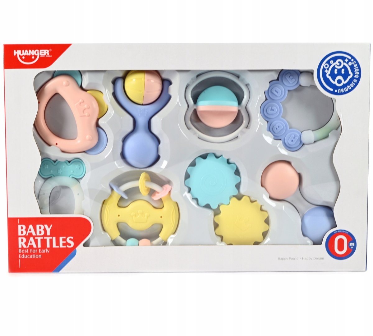 DUŻY ZESTAW GRZECHOTEK PASTELOWE ZABAWKI SENSORYCZNE DLA NIEMOWLAKA 8SZT