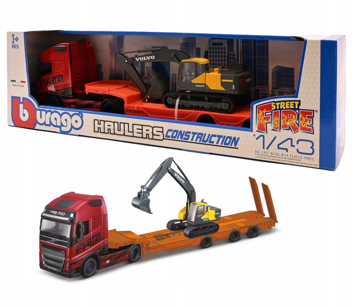 VOLVO FH16 CIĘŻARÓWKA LAWETA KOPARKA GĄSIENICOWA VOLVO EC220E 1:43 BBURAGO