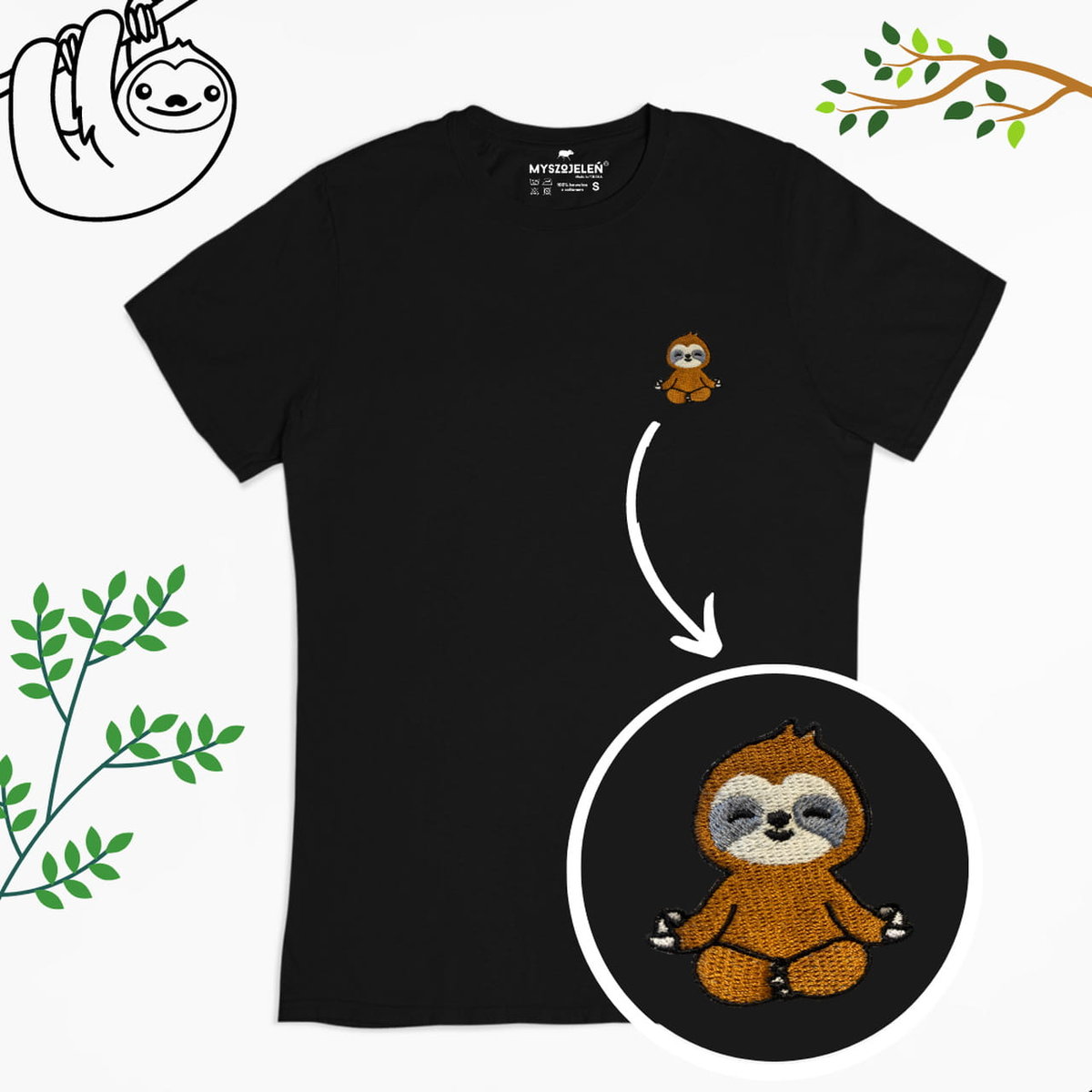 Haftowany T-shirt - LENIWIEC - czarny 3XL