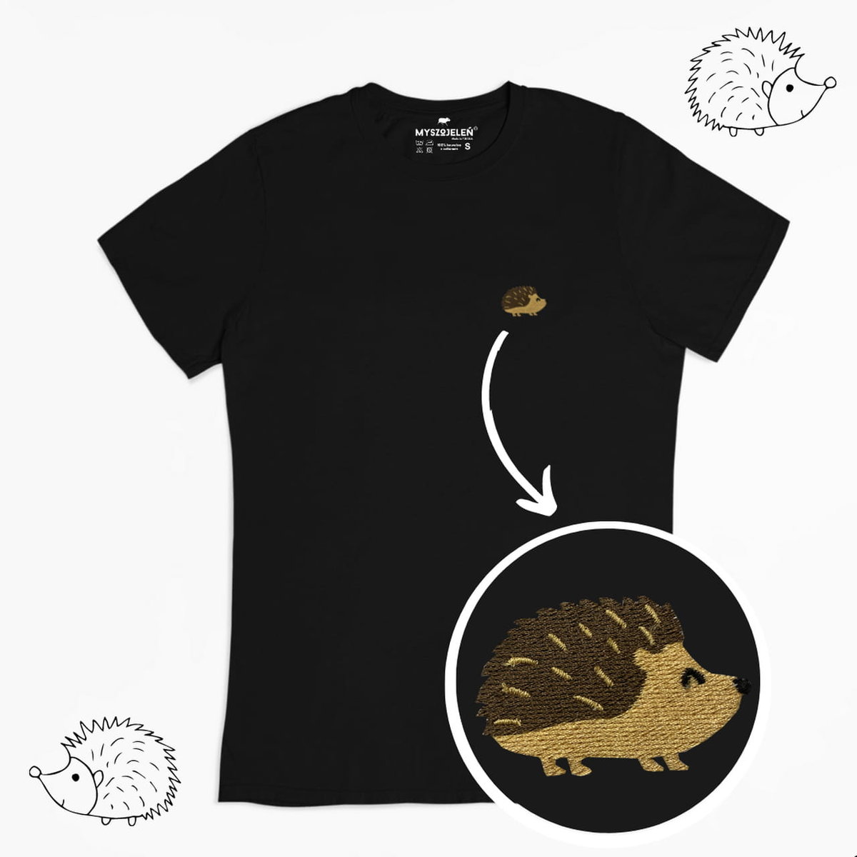 Haftowany T-shirt - JEŻ - czarny L