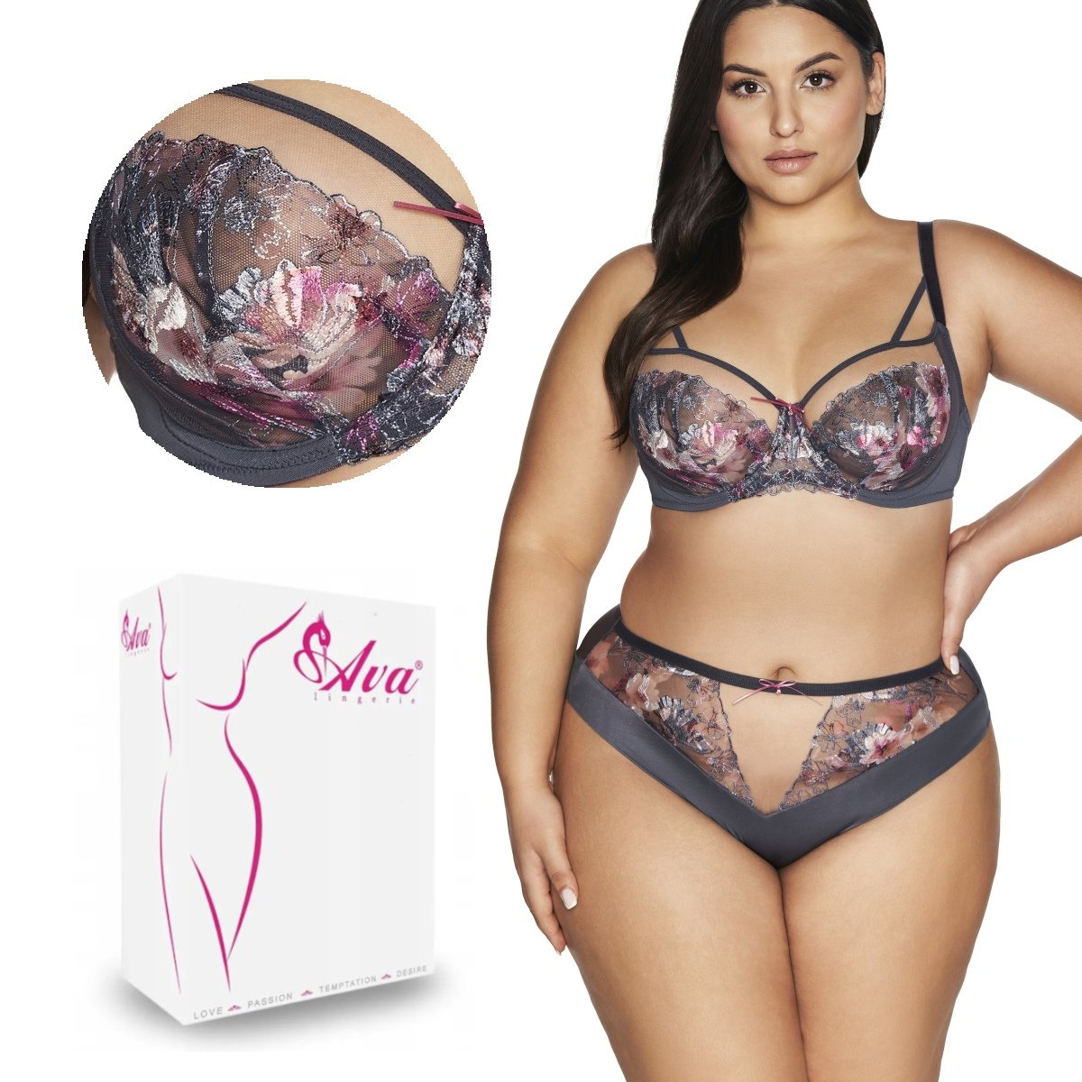 Biustonosz Soft Side Support z haftem AV 2123 miękki szary kwiaty  85D