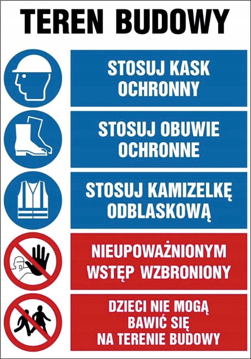 Tablica zbiorcza Teren budowy Stosuj kask obuwie kamizelkę 70x100cm PCV 5mm