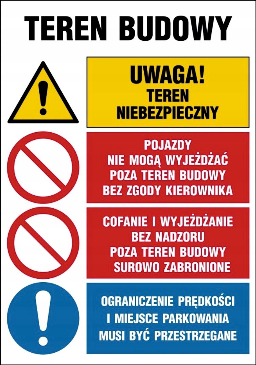 Tablica Teren budowy Teren niebezpieczny Pojazdy 70x100cm PCV 5mm