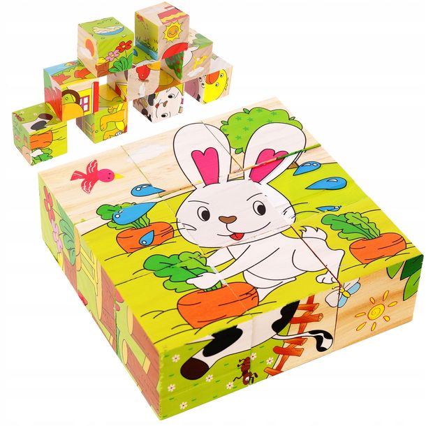 Drewniane Klocki 6w1 Drewniana Ukłdanka Edukacyjne Puzzle 6 Obrazków