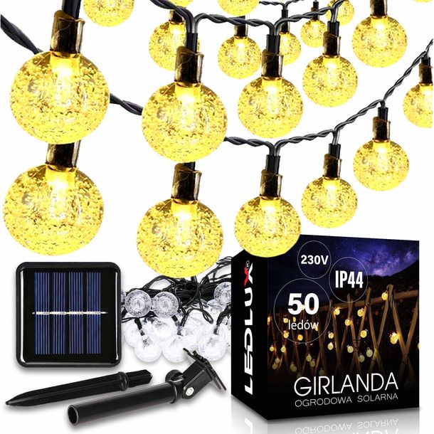 Girlanda Ogrodowa Solarna Świetlna Lampki Ogrodowe Łańcuch 13m 50 LED Kule