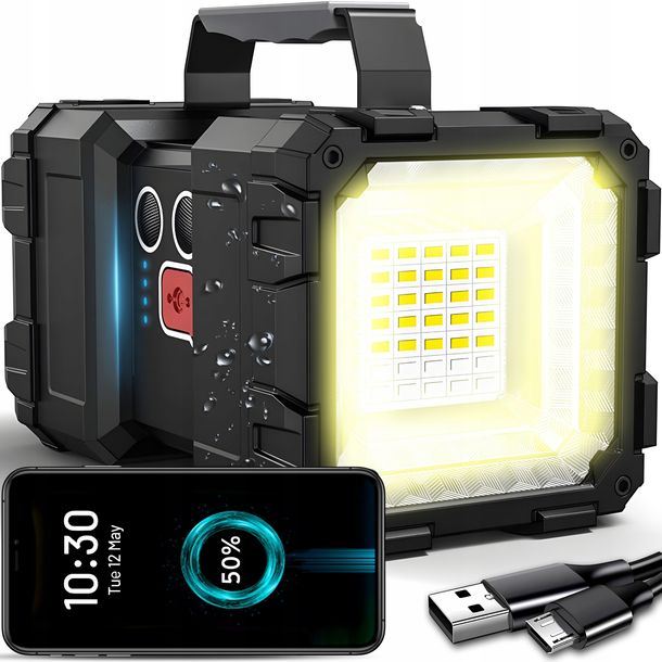 Mocna Latarka Led Akumulatorowa Szperacz Dwustronna Powerbank Biwakowa Cree