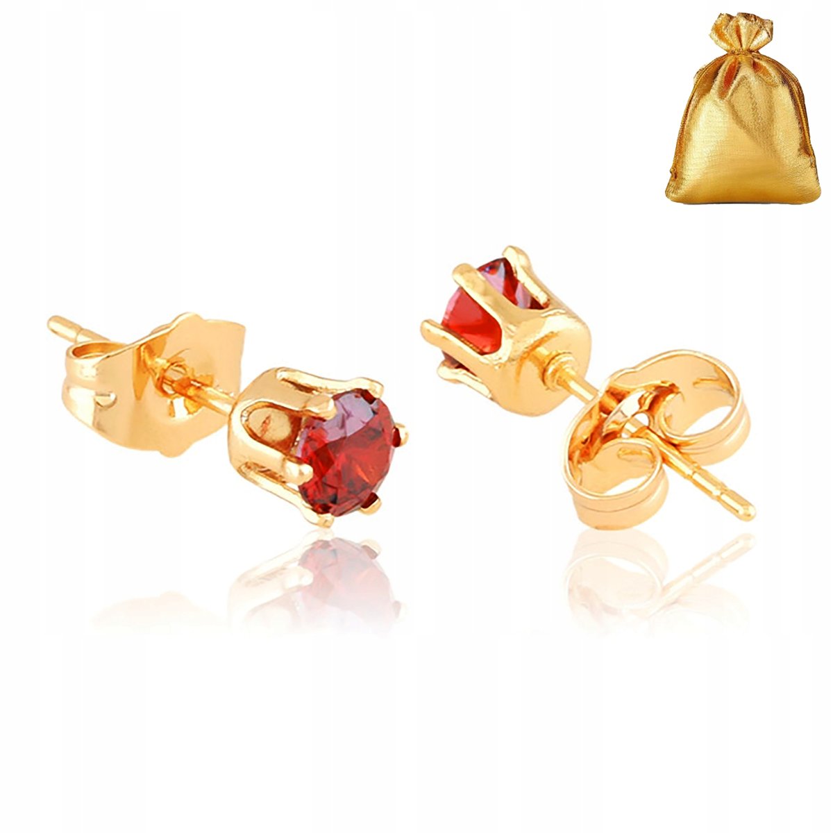 Złote Kolczyki Wkrętki Sztyft Czerwone Cyrkonie Stal Chirurgiczna Dla Niej