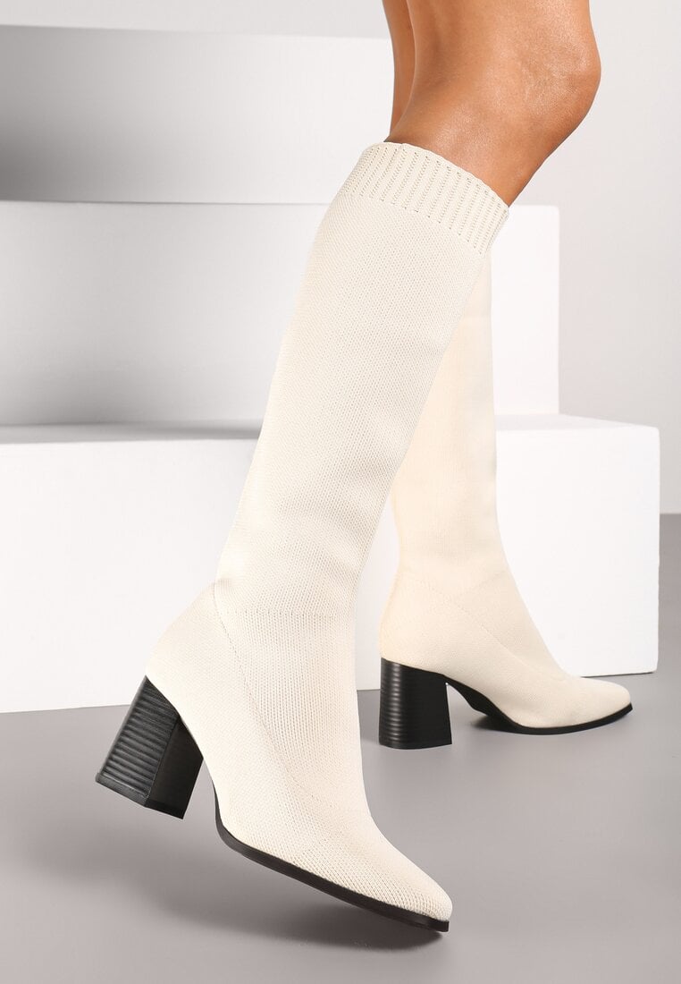 Beżowe Kozaki na Słupku ze Elastyczną Cholewką Ellitra