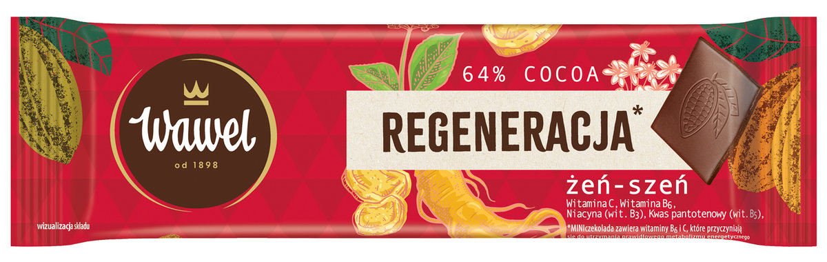 Baton MINIczekolada Gorzka 64% z Żeń-szeń Regeneracja Wawel 20g