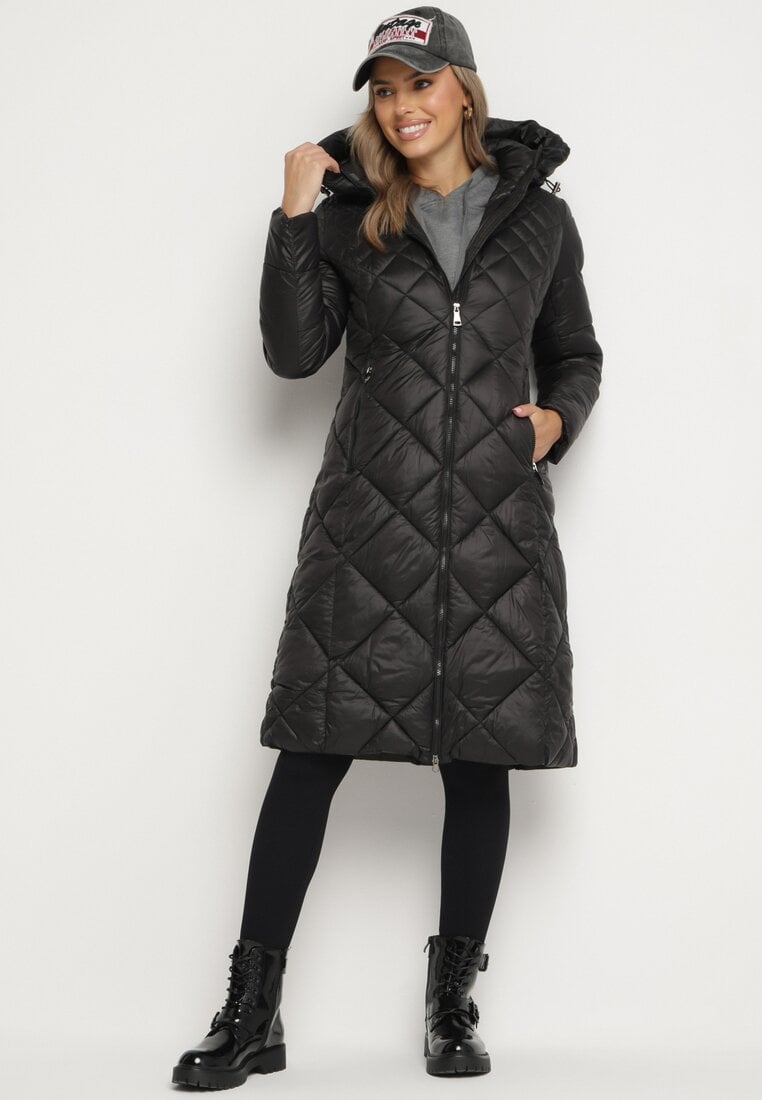 Czarna Długa Pikowana Kurtka z Kapturem Sisilara