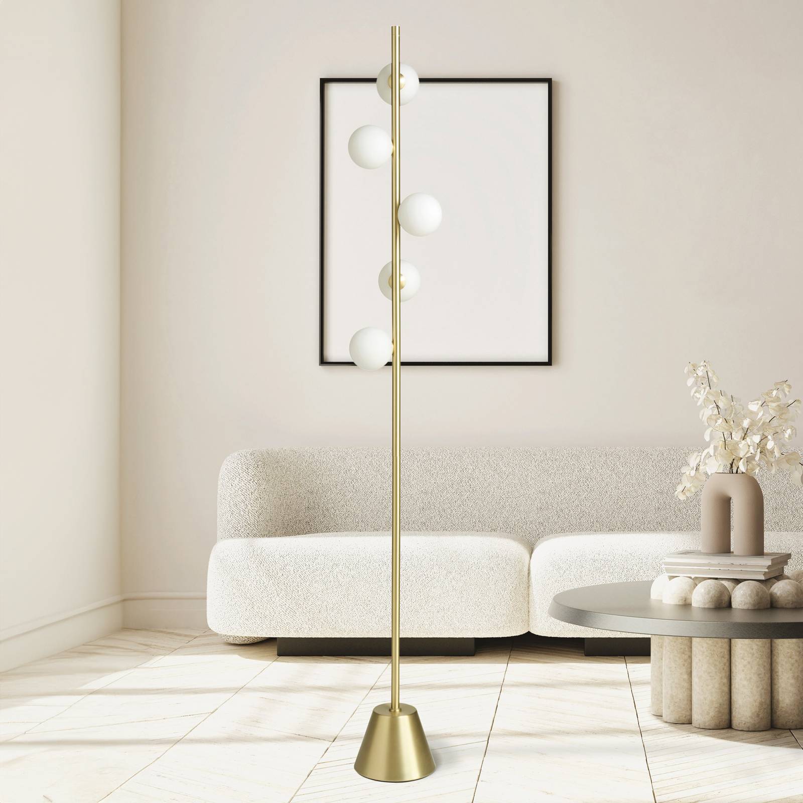 miloox by Sforzin Lampa stojąca Pomi, 5-punktowa, złoty/biały, szkło, wysokość 170 cm