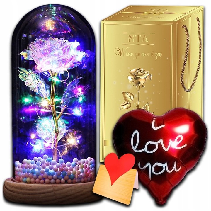 WIECZNA RÓŻA W SZKLE ŚWIECĄCA LED PREZENT DLA ŻONY, KOBIETY, BABCI URODZINY