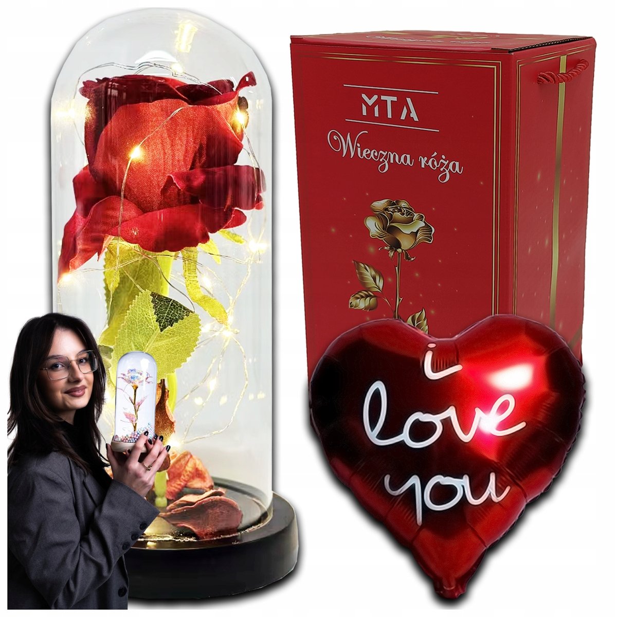 WIECZNA RÓŻA W SZKLE ŚWIECĄCA LED PREZENT NA URODZINY DLA KOBIETY DLA MAMY