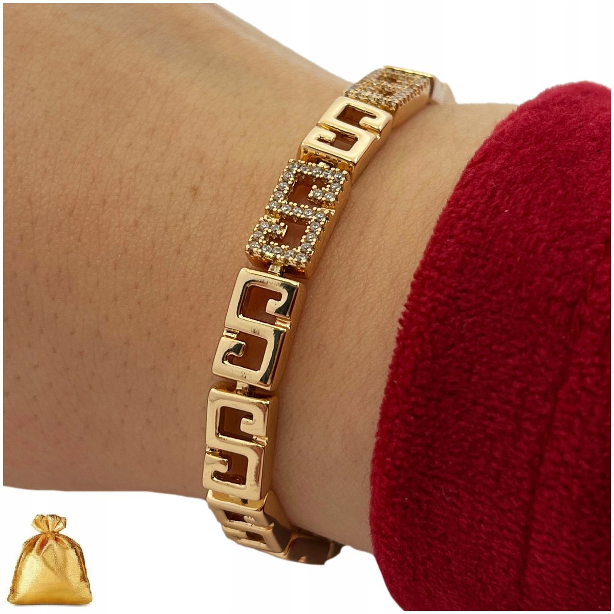 Pozłacana Bransoletka Damska Ze Stali Chirurgicznej Gruba Szeroka+Cyrkonie