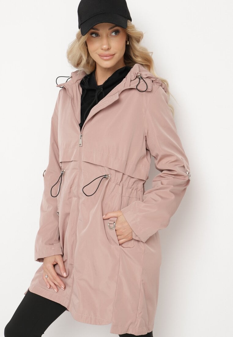 Różowa Kurtka Parka Ściągana w Talii z Odpinanym Kapturem Milabra