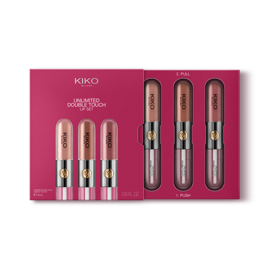 KIKO Milano Unlimited Double Touch Lip Set zestaw do makijażu ust składający się z 3 płynnych pomadek dwuetapowych Nude Attitude
