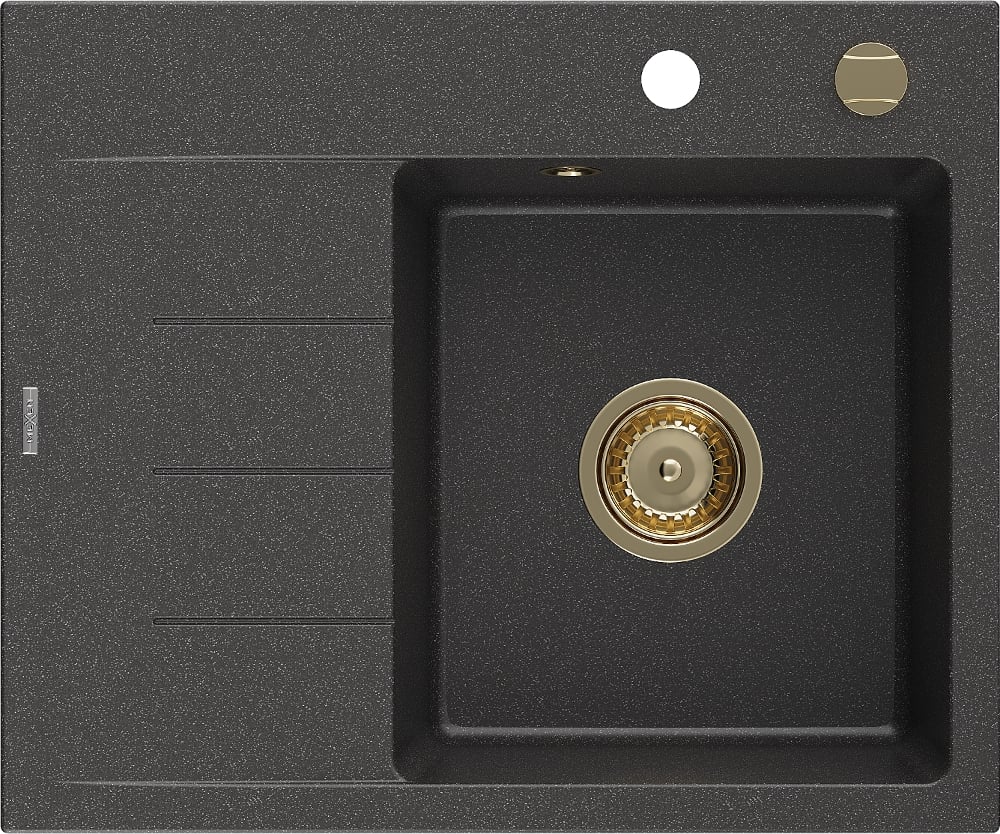 Mexen Ben zlewozmywak granitowy 1-komorowy z ociekaczem lewy 600 x 500 mm, czarny nakrapiany, syfon złoty - 6522605000-76-G