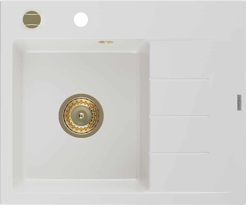 Mexen Ben zlewozmywak granitowy 1-komorowy z ociekaczem prawy 600 x 500 mm, biały, syfon złoty - 6523605000-20-G