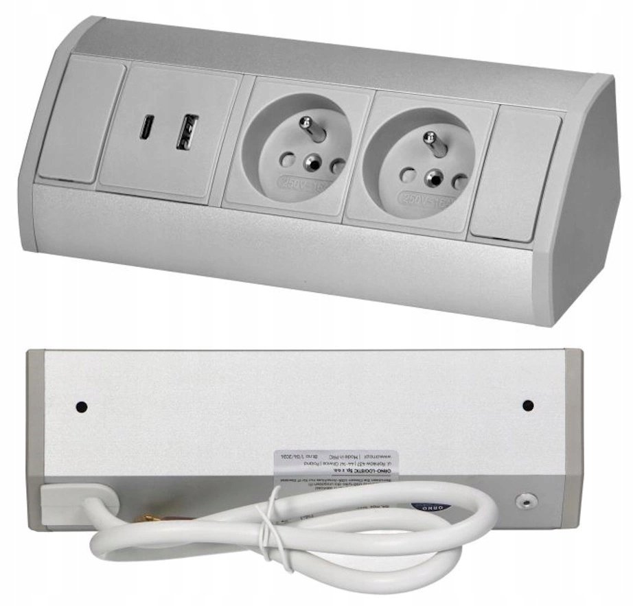 Gniazdo Meblowe Podwójne z Uziemieniem 2xUSB typ A+C 2,4A Szaro-Srebrne