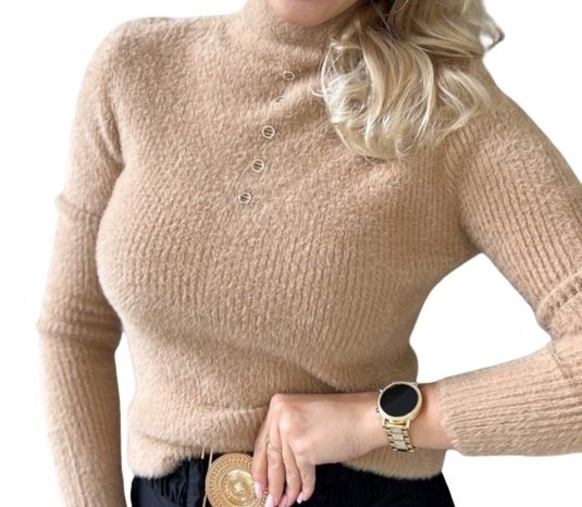 Damski sweter alpaka touch półgolf w prążek ozdobne guziki S, M ciemny beż