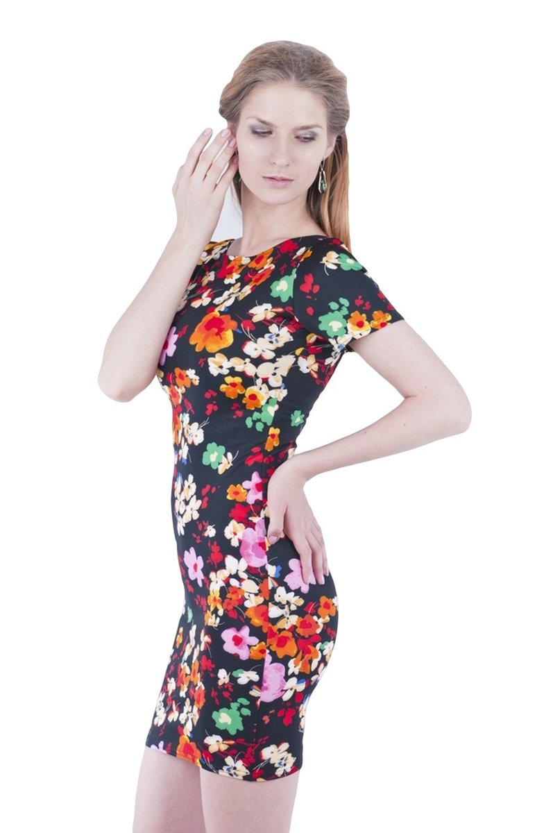 Letnia, czarna sukienka mini w kwiaty John Zack L