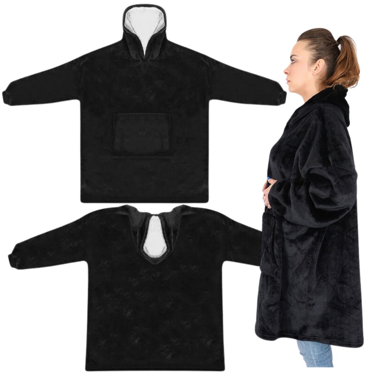 Koc Bluza Futrzak Duża Oversize 2W1 Gruba Xxl Kocyk Ciepły Z Kapturem Czarny