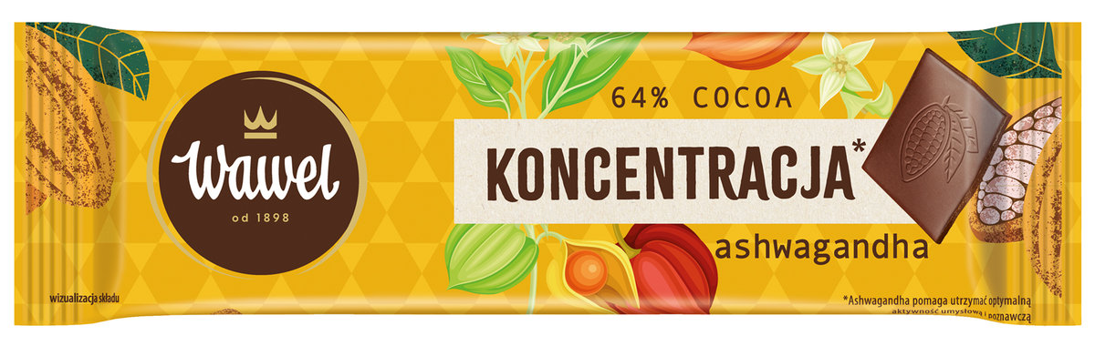 Baton MINIczekolada Gorzka 64% Ashwaganda Koncentracja Wawel 20g