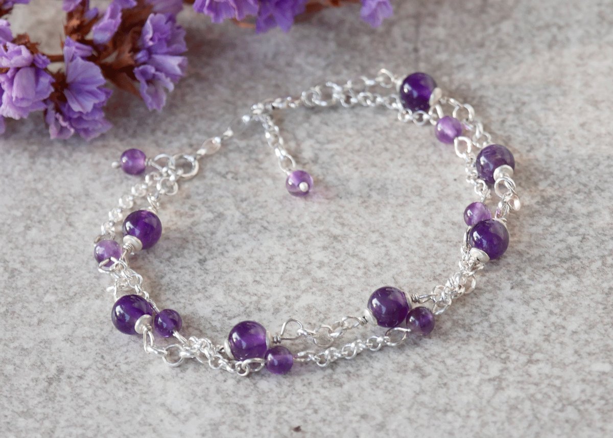 Dwurzędowa bransoletka z Ametystem w srebrze