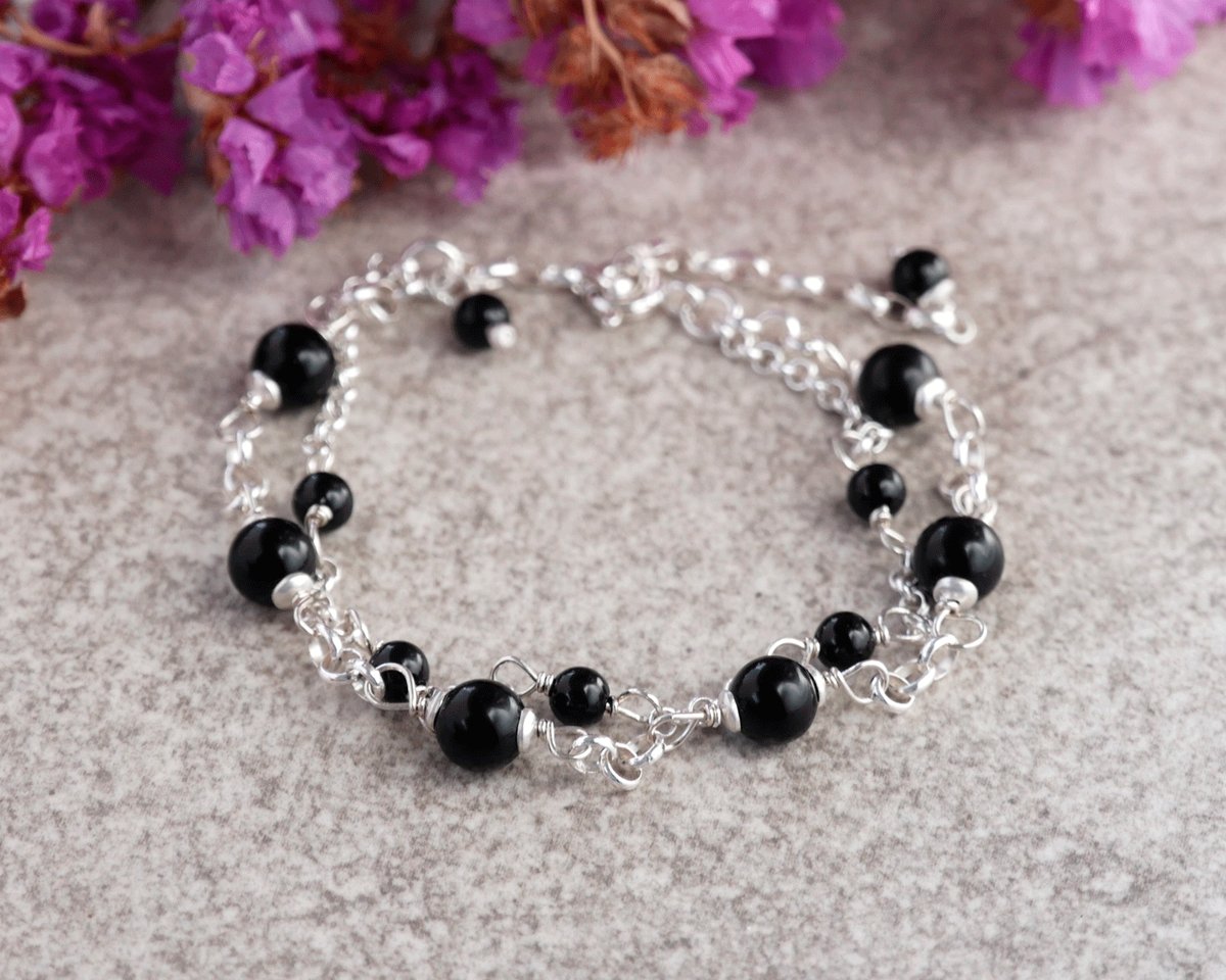 Dwurzędowa bransoletka z czarnym Onyksem w srebrze