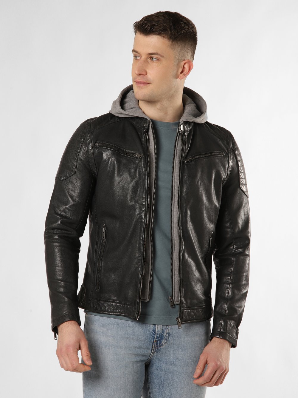Finshley & Harding Męska kurtka skórzana Mężczyźni skóra szary jednolity, M