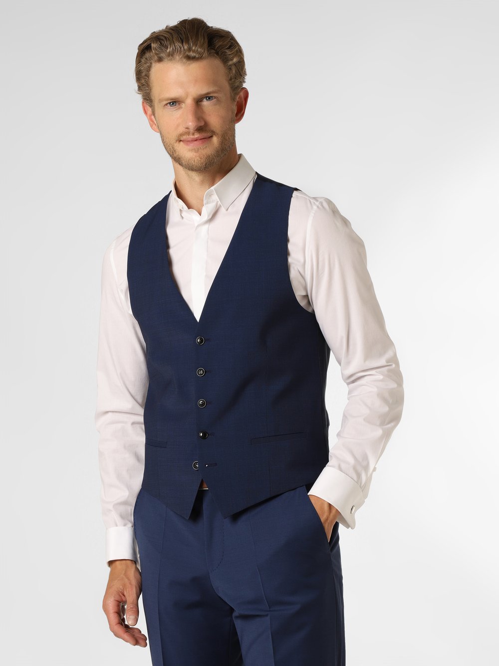 Strellson Męska kamizelka od garnituru modułowego Mężczyźni Slim Fit niebieski wypukły wzór tkaniny, 46