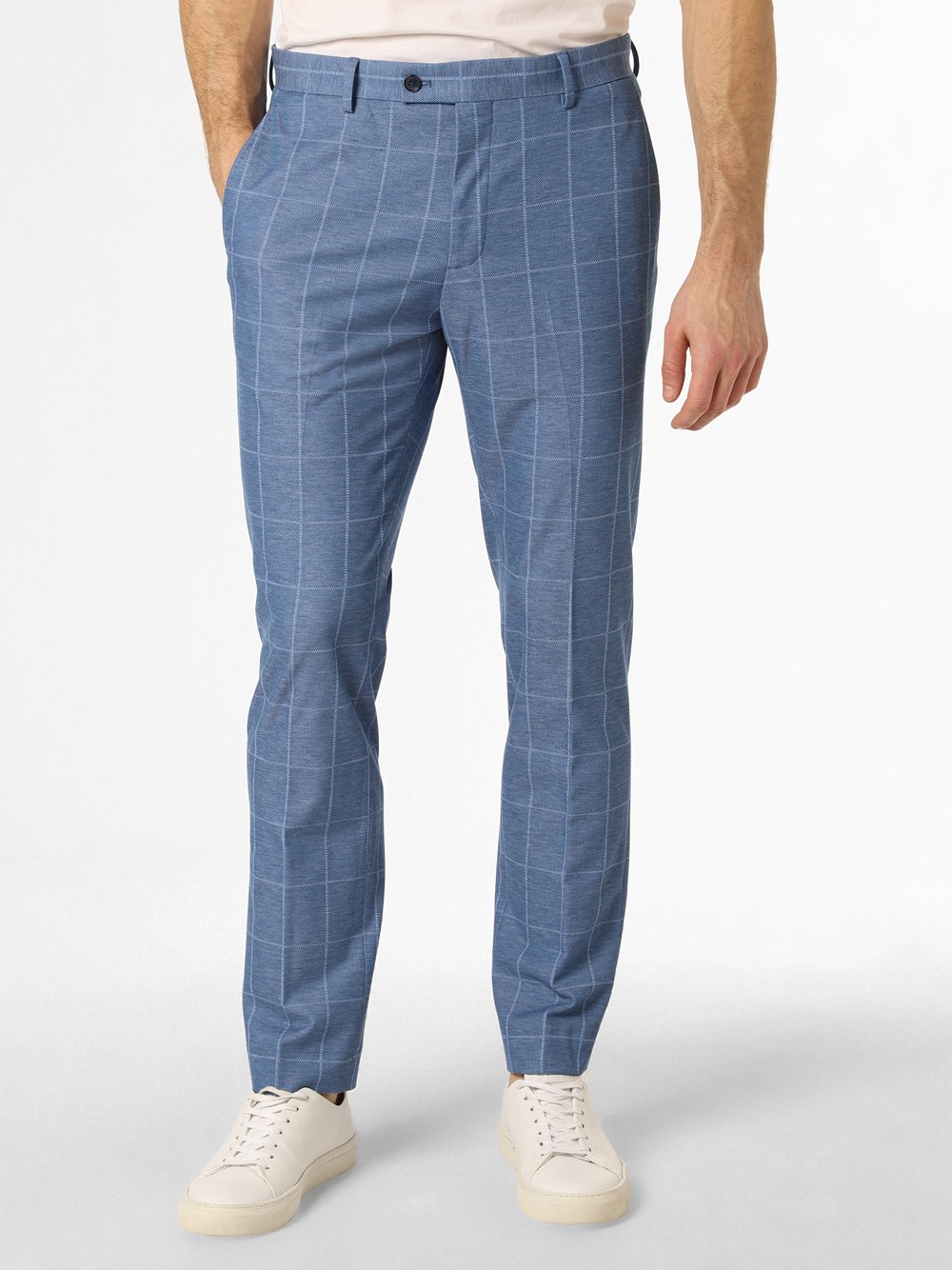 Finshley & Harding London Męskie spodnie od garnituru modułowego Mężczyźni Slim Fit Dżersej niebieski w kratkę, 48