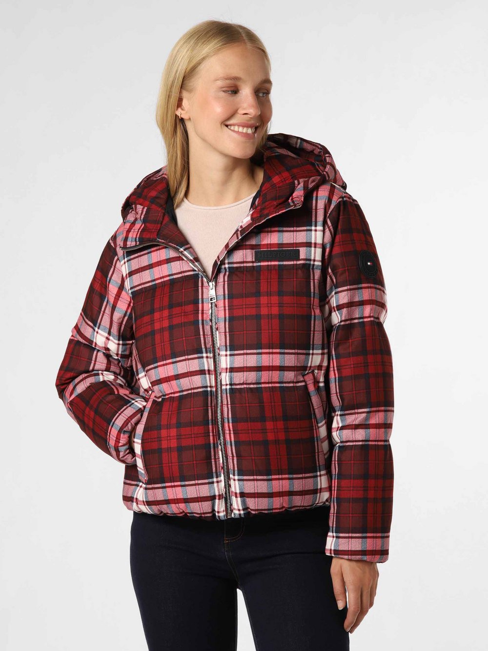 Tommy Hilfiger Damska kurtka puchowa Kobiety wielokolorowy|czerwony|wyrazisty róż w kratkę, M