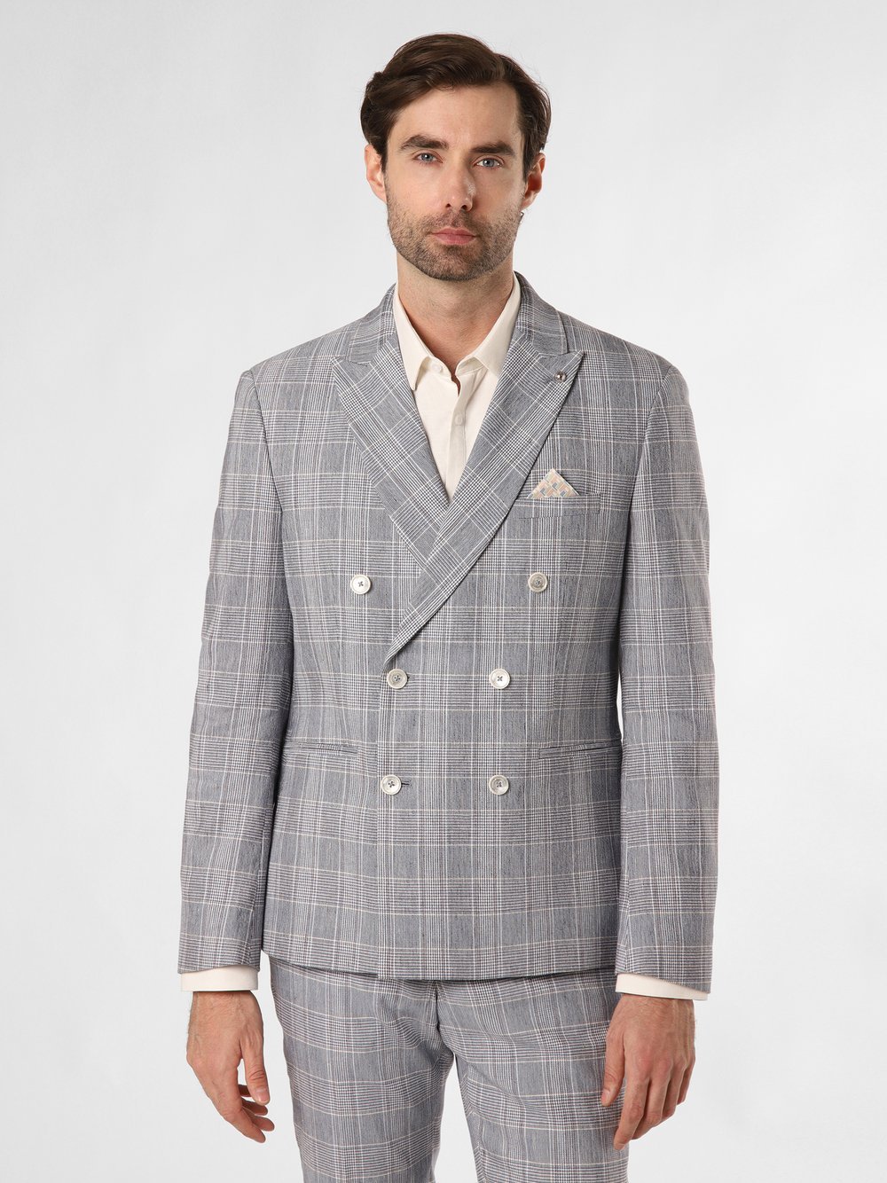 Finshley & Harding London Męska kurtka modułowa z zawartością lnu - Brixdon Mężczyźni Slim Fit Bawełna niebieski w kratkę, 44
