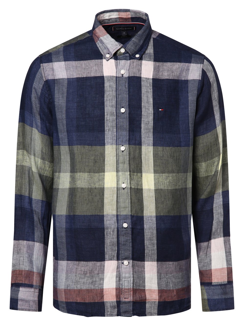 Tommy Hilfiger Męska koszula lniana Mężczyźni Regular Fit len niebieski|wielokolorowy w kratkę, M