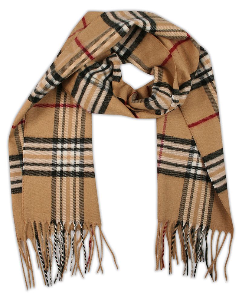 Szalik Beżowy z Frędzlami, w Kratkę Burberry, Firmy V.Fraas -Cashmink- Jesienno-Zimowy, Męski - V. Fraas