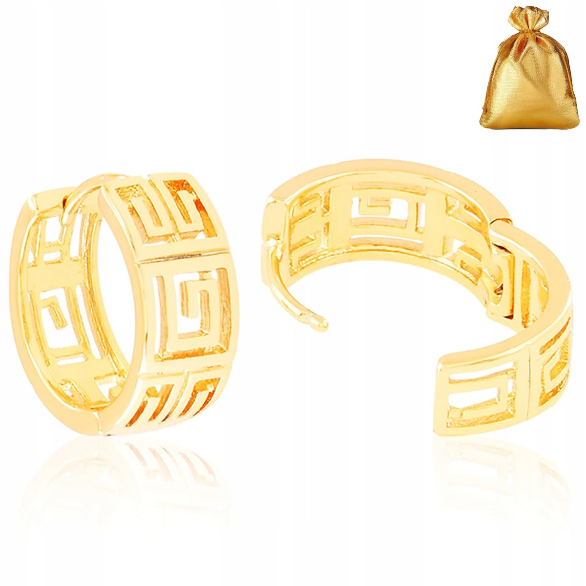 Piękne Złote Kolczyki Koła Kółka Grecki Wzór 1,6 Cm Stal Chirurgiczna 18K