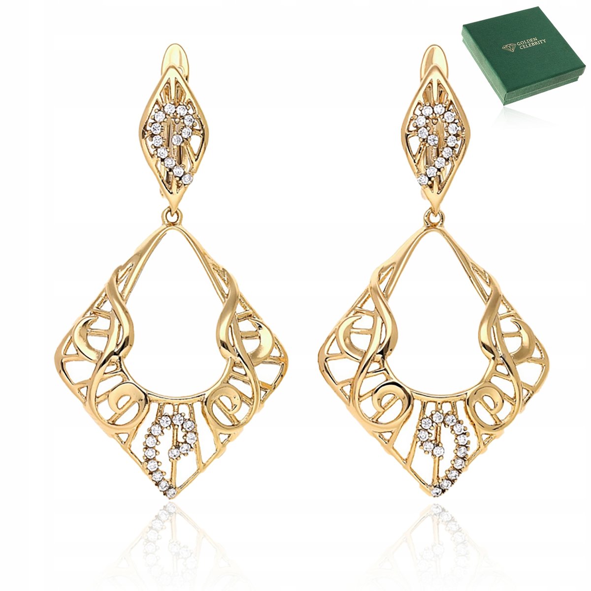 Złote Kolczyki Ze Stali Chirurgicznej Wiszące Ażurowe Cyrkonie Angielskie