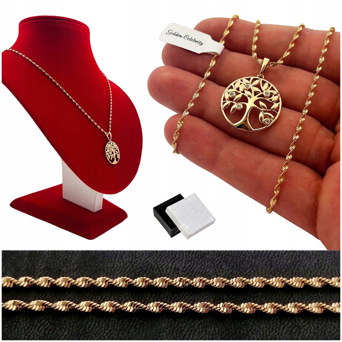Piękny Złoty Naszyjnik Drzewko Szczęścia Stal Chirurgiczna Z Cyrkoniami 18K