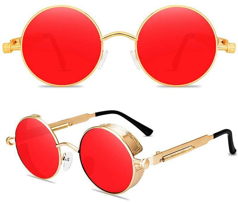 OKULARY PRZECIWSŁONECZNE OKRĄGŁE PUNK RETRO LEONKI UV400 CZERWONO ZŁOTE