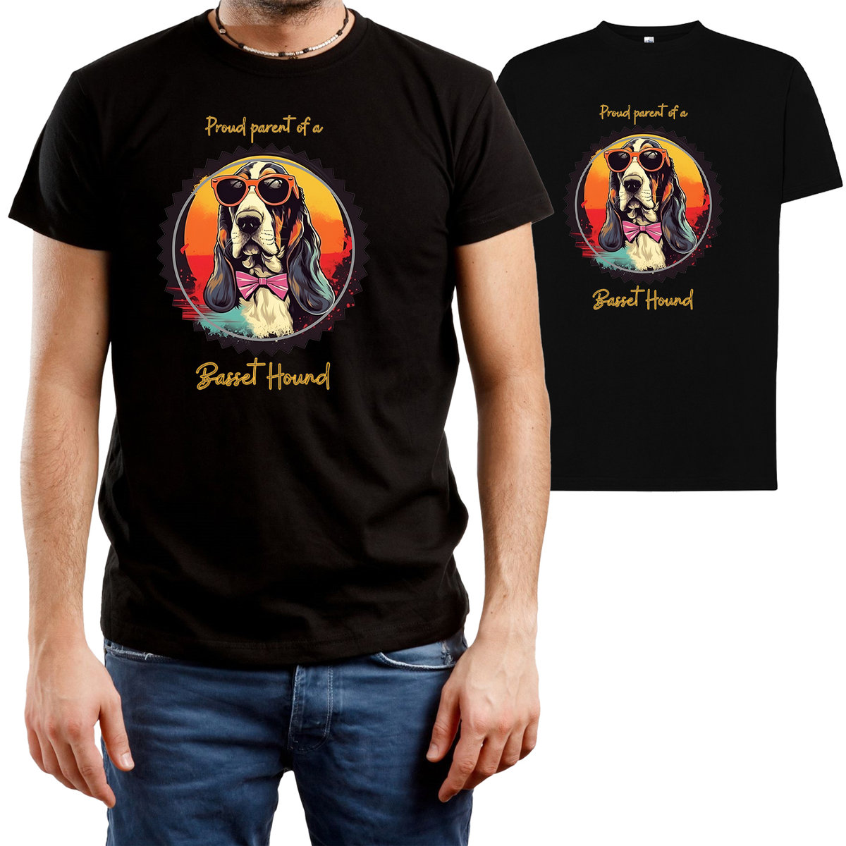 T-SHIRT MĘSKI Z NADRUKIEM BASSET HOUND PIES KOSZULKA CZARNA R-XS A150