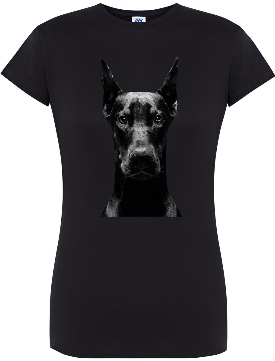 T-SHIRT DAMSKI PREZENT DOBERMAN PSY Y2K ŚMIESZNA KOSZULKA CZARNA R-L A592